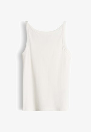 Witte geribbelde mouwloze tanktop met een ronde halslijn, weergegeven op een effen witte achtergrond.