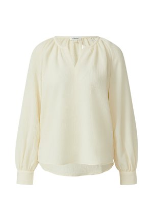 Krémová blúzka s dlhým rukávom a výstrihom do V, s nariaseným golierom a textúrovanou látkou. Rukávy s volánmi a manžetami na gombíky.