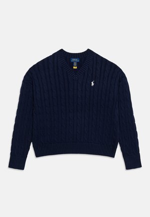 Maglione blu navy a maglia treccia con scollo a V, maniche lunghe e logo Polo Ralph Lauren ricamato bianco sul petto a sinistra.