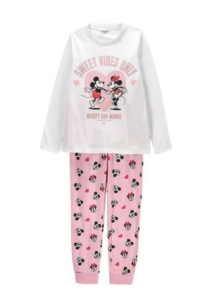 Biały top z długim rękawem z "Sweet Vibes Only" oraz Myszką Miki i Minnie trzymającymi się za ręce, w połączeniu z różowymi spodniami pokrytymi twarzami Myszki Miki i Minnie.