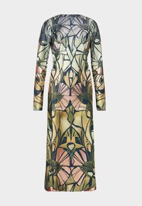 Φόρεμα με μακριά μανίκια με λουλουδάτο σχέδιο σε πράσινες, ροζ και κίτρινες αποχρώσεις; φτιαγμένο από λείο ύφασμα με εφαρμοστή σιλουέτα.