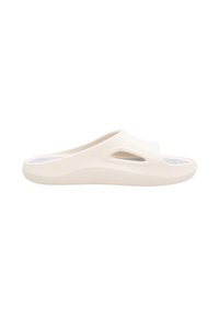 White slip-on sandal with a smooth, matte finish, featuring a slight curve in the sole and cut-out details for ventilation.