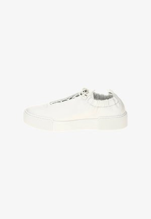 White low-top sneaker with thick rubber sole, elasticized heel, and lace-up front closure shown in side profile on white background.
