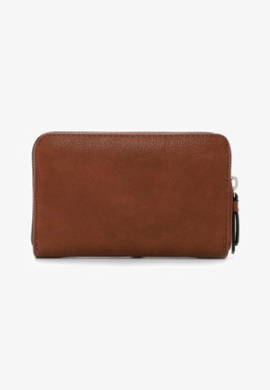 Brown leather wallet with a smooth texture, zip closure, and black zipper pull. Rectangular shape with rounded edges.