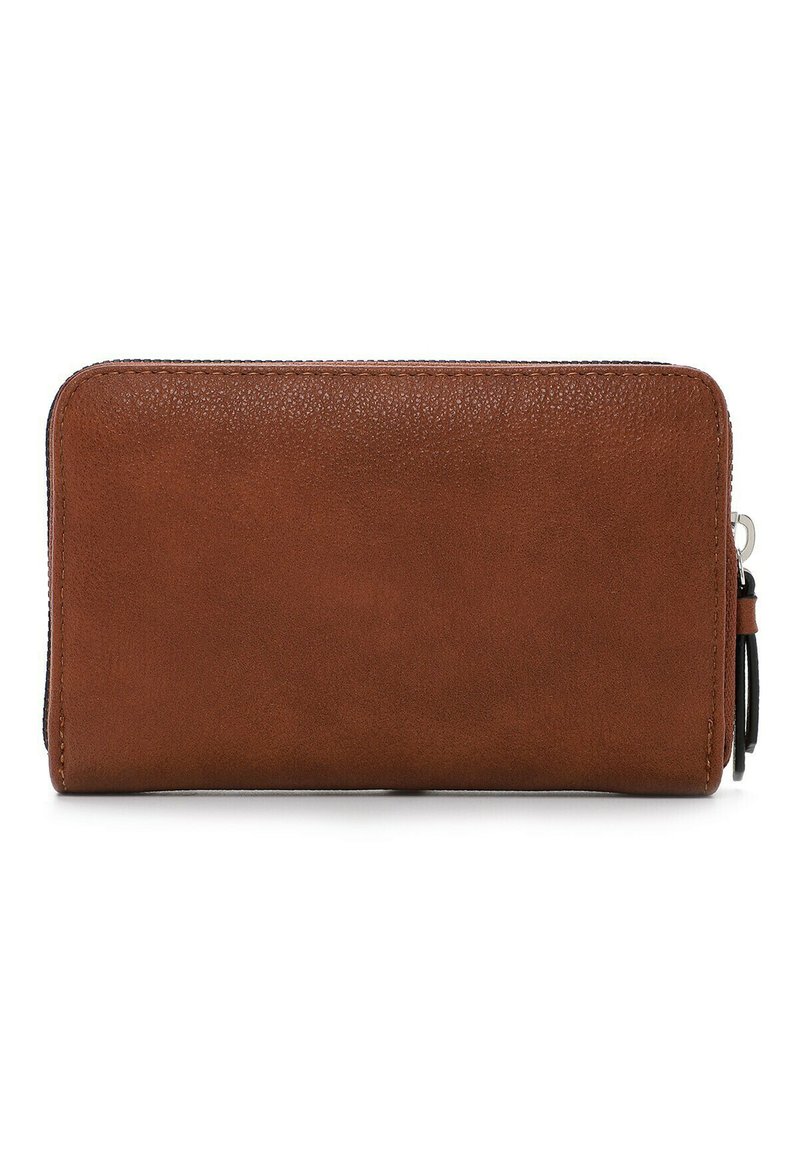 Portefeuille en cuir brun avec une texture lisse, fermeture éclair et tirette noire. Forme rectangulaire avec des bords arrondis.
