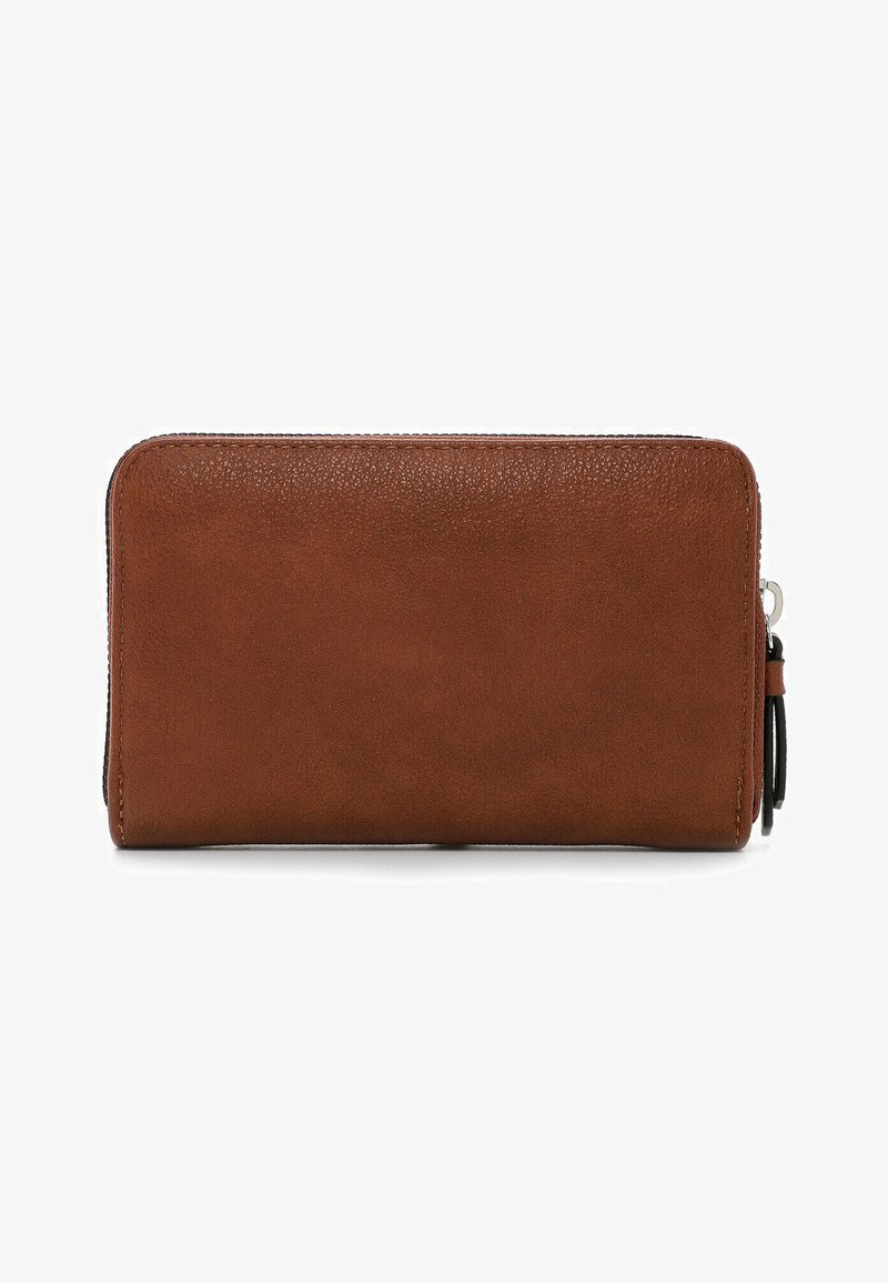 Portefeuille en cuir brun avec une texture lisse, fermeture éclair et tirette noire. Forme rectangulaire avec des bords arrondis.