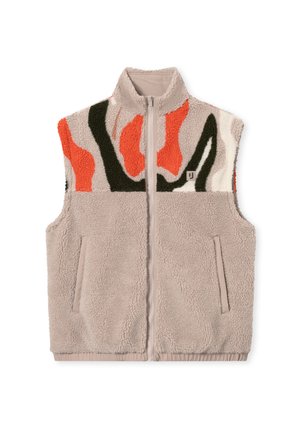 Beige sherpa fleece vest met kleurrijke abstracte patronen in oranje, groen en crème, heeft een rits aan de voorkant en twee zijzakken.