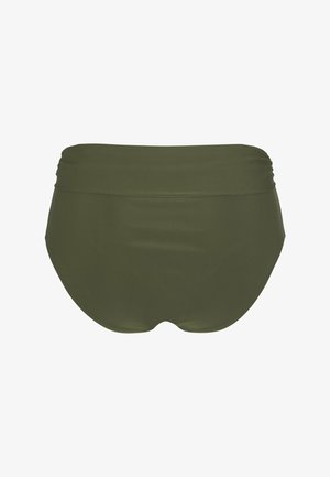 Olivgrüne Badehose mit gerafftem Bund, entworfen für eine glatte Passform, aus einem eleganten, dehnbaren Stoff.