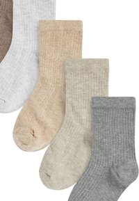 Ensemble de quatre paires de chaussettes côtelées en gris clair, beige, crème et gris foncé. Matière en mélange de coton, longueur mi-mollet, orteils renforcés.