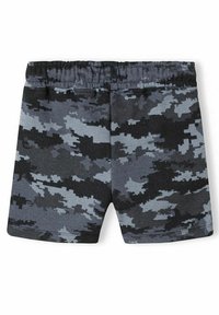 Pantaloni corti in cotone con un motivo camouflage pixelato in bianco e grigio, dotati di una vita elastica e di una texture morbida.