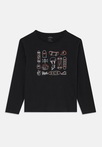 Black long-sleeve shirt with colorful skateboard, helmet, flame, and peace hand graphics and the word "Yeah" on the front.