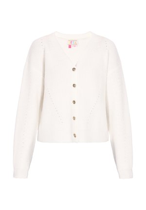 Bílý pletený cardigan s V-výstřihem, dlouhými rukávy, šesti zlatými knoflíky a žebrovanými detaily podél okrajů a po stranách.