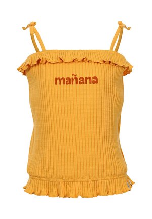 Geel geribd tanktop met een geschulpte halslijn en schouderbanden, met het woord "mañana" in het bruin, en een geschulpte zoom aan de onderkant.