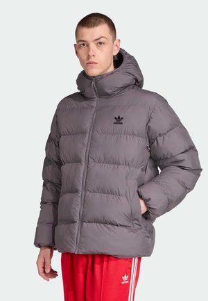 Gray puffer jacket with a hood, featuring a front zipper, side pockets, and a black logo on the chest. Worn with red pants.