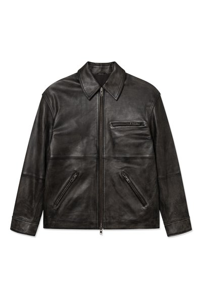 Black leather jacket with front zipper, classic collar, and three zippered pockets, shown flat on white background.