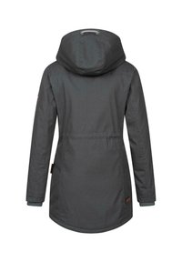 Water-resistant gray jacket with a lined hood, drawstring waist, and long sleeves. Features a textured fabric and branded accents.