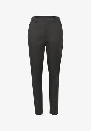 Melnas pielāgotas bikses ar gludu, matētu tekstūru, ar taisnu kāju dizainu un vidēju jostasvietu. Nav redzamu kabatu vai rotājumu.