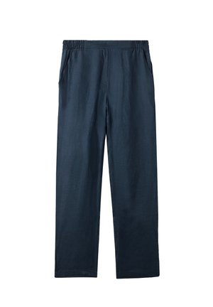 Granatowe, lekkie spodnie z elastycznym pasem, bocznymi kieszeniami i prostym krojem nogawek. Gładka tekstura i minimalistyczny styl.