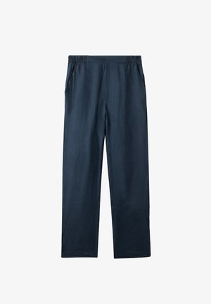 Granatowe, lekkie spodnie z elastycznym pasem, bocznymi kieszeniami i prostym krojem nogawek. Gładka tekstura i minimalistyczny styl.