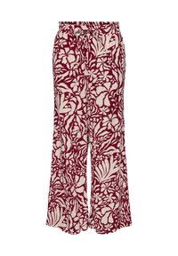 Pantaloni larghi a fiori bordeaux realizzati in tessuto leggero, con una vita elastica e un dettaglio di legatura.