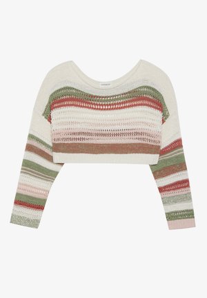 Crochet crop top with long sleeves, featuring a mix of cream, green, pink, and rust stripes. Textured fabric with a loose knit design.