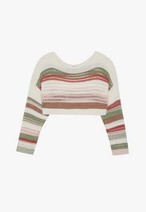 Horgolt crop top hosszú ujjal, krémszín, zöld, rózsaszín és rozsdabarna csíkokkal. Texturált anyag, laza kötésmintával.
