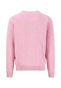 Rosa strikket genser med lange ermer, ribbestrikkede mansjetter og hem, glatt tekstur og en enkel rund halslinje. Vist fra baksiden.
