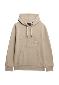 Beige hoodie gemaakt van een katoenmix. Beschikt over een voorzak, een capuchon met trekkoord en een reliëflogo. Ribgebreide manchetten en onderrand.