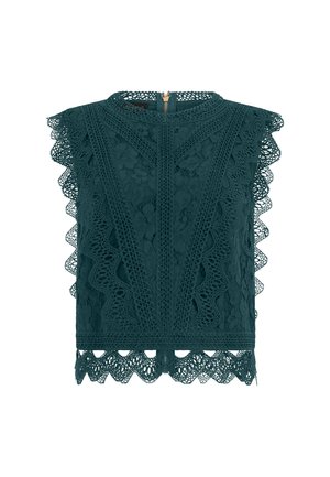 Top in pizzo verde scuro senza maniche con scollo alto, bordi smerlati, motivo floreale e chiusura con cerniera sul retro.
