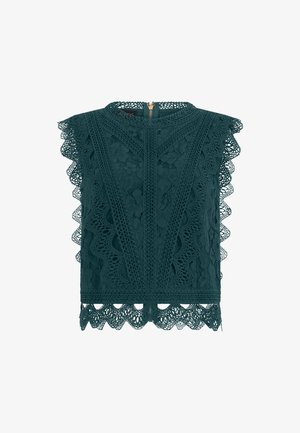 Top in pizzo verde scuro senza maniche con scollo alto, bordi smerlati, motivo floreale e chiusura con cerniera sul retro.