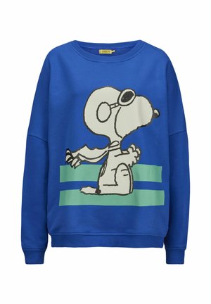 Blauwe sweatshirt met een afbeelding van een cartoonhond in een zonnebril, twee groene horizontale strepen aan de onderkant, geribde manchetten en halslijn.