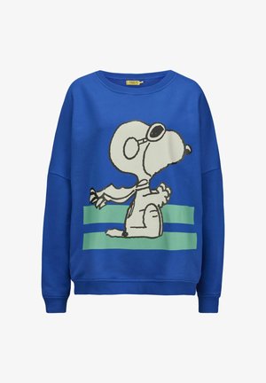 Blue sweatshirt featuring a graphic of a cartoon dog in sunglasses, two green horizontal stripes at the bottom, ribbed cuffs and neckline.