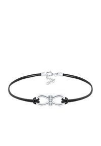 Schwarzes Lederarmband mit einem silbernen Unendlichkeitssymbol, das in der Mitte von einer Reihe klarer Kristalle umgeben ist, gesichert mit einem Verschluss und einer Verlängerungskette.