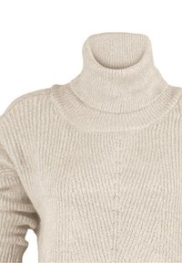 Pull à col roulé beige clair en tissu côtelé, doté d'un col haut et d'une surface texturée avec des rainures horizontales.
