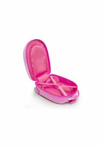 Roze hard-shell koffer met een glanzende afwerking, ritssluiting en interne verdelers. Bevat dubbele wielen en een zijhandvat voor gemakkelijke transport.