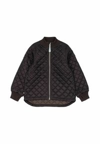 Chaqueta bomber negra acolchada con cuello alto, puños acanalados y cierre de cremallera. Presenta patrones en diamante diagonales y un forro interior en contraste.