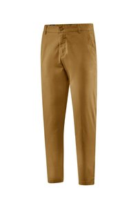 Chino marroni con una vestibilità slim, realizzati in tessuto leggero. Presentano una chiusura con bottone, tasche laterali e una texture liscia.