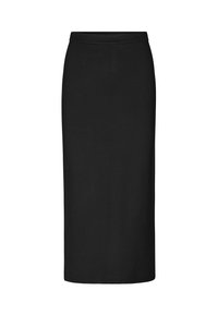 Jupe crayon noire en tissu extensible, design taille haute, coupe droite, longueur genou, avec une texture lisse et sans ornements visibles.