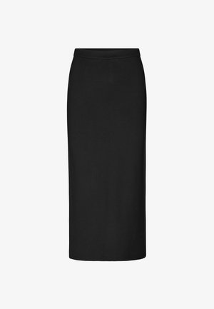 Musthave musterniga seelik, mis on valmistatud venivast kangast, kõrge vöökohaga disain, sirge lõige, põlvekohale ulatuv, sujuva tekstuuriga ja ilma nähtavate ornamentideta.