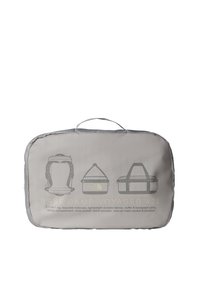 Gray padded bag featuring illustrations of a backpack, duffel, and carry strap options. Text includes features and specifications.