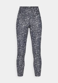 Högmidjade träningsleggings i ett mörkgrått camouflage-mönster, tillverkade av stretchigt tyg, med en figurnära passform och säker midjeband.