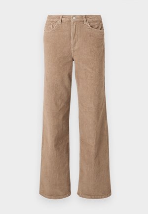 Bruine corduroy wijde broek met verticale ribbels, een knoopsluiting, vijf zakken en een zachte textuur.