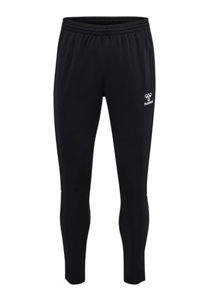 Černé sportovní kalhoty slim střihu s elastickým pasem a bílým logem Hummel na horní levé noze.