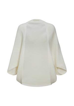 Weißer Strickcardigan mit weiten Ärmeln, offenem Vorderteil und glatter Textur. Verfügt über vertikale Rippung und dezente seitliche Akzente.