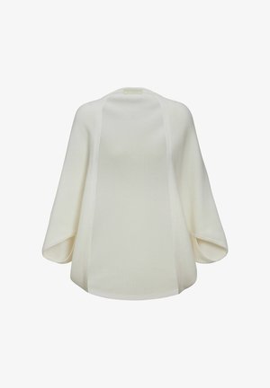 Cardigan bianco in maglia con maniche ampie, apertura frontale e texture liscia. Presenta costine verticali e sottili dettagli laterali.