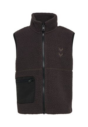 Mørkegrå fleecevest uden ærmer med høj krave, lynlås foran, sort lynlåslomme nederst på venstre side samt to skriftvinkellogoer på brystet.