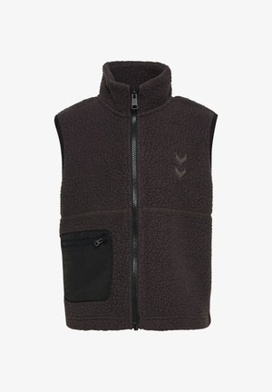 Mørkegrå fleecevest uden ærmer med høj krave, lynlås foran, sort lynlåslomme nederst på venstre side samt to skriftvinkellogoer på brystet.