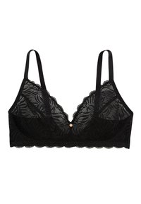 Bralette en dentelle noire avec une forme triangulaire, des bords festonnés et un petit bouton décoratif au centre devant. Bretelles réglables.