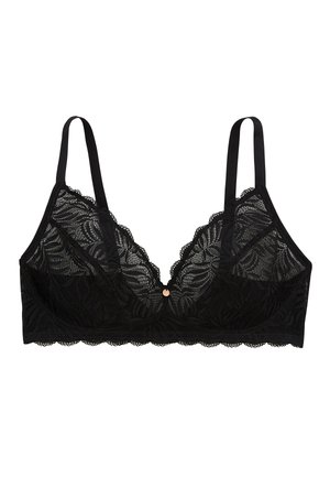 Bralette en dentelle noire avec une forme triangulaire, des bords festonnés et un petit bouton décoratif au centre devant. Bretelles réglables.