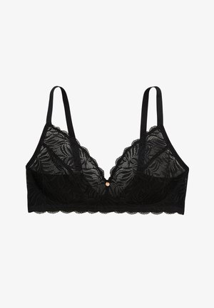 Bralette en dentelle noire avec une forme triangulaire, des bords festonnés et un petit bouton décoratif au centre devant. Bretelles réglables.